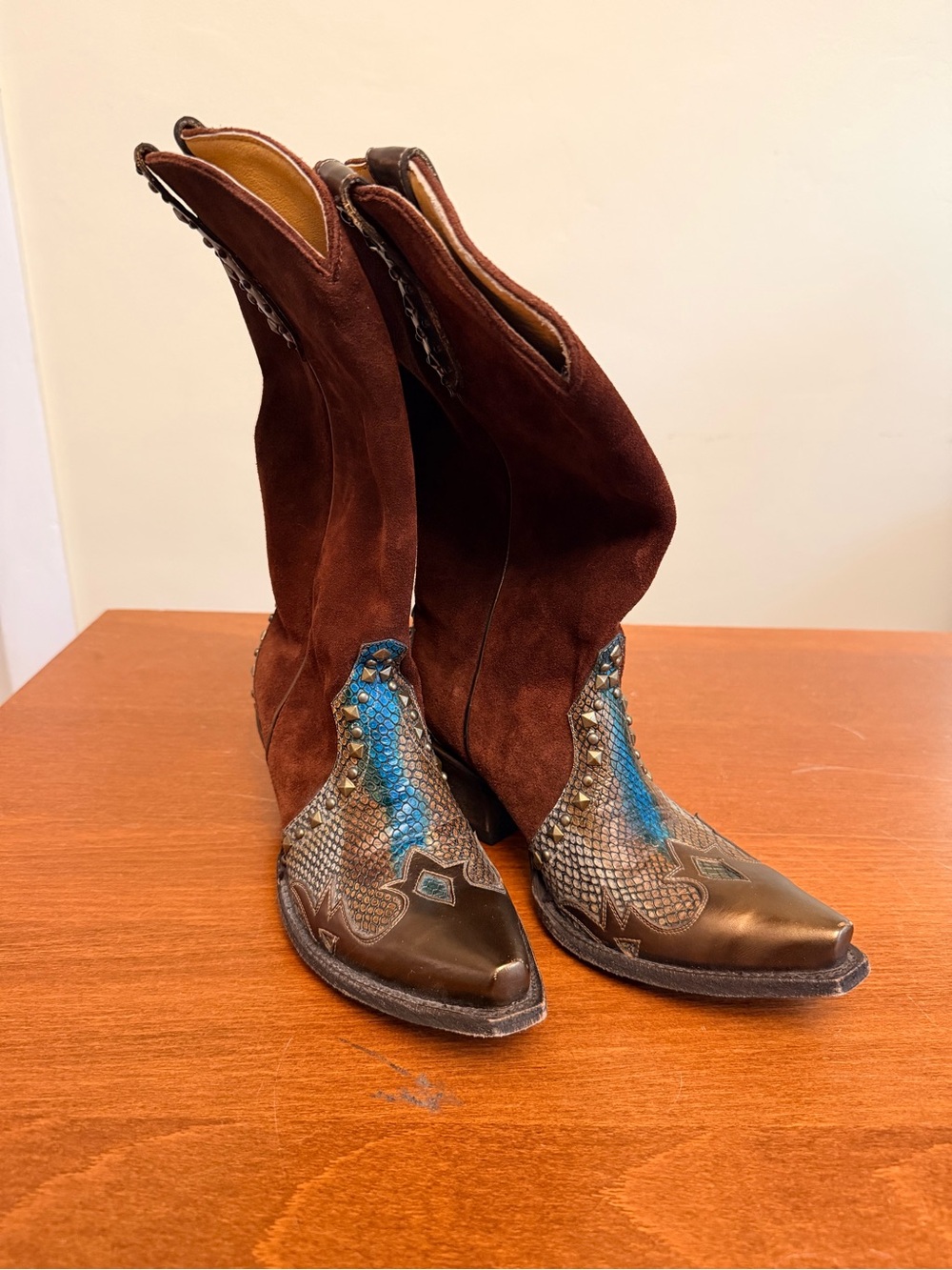 Bovelengo Mexico Western Boots Brown Suede Turquoise Snakeskin Studded 7B